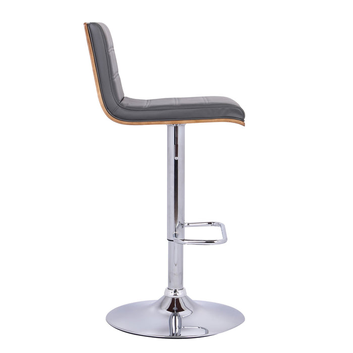 Aubrey Adjustable Height Swivel Gray Faux Leather and Chrome Bar Stool with Walnut Wood