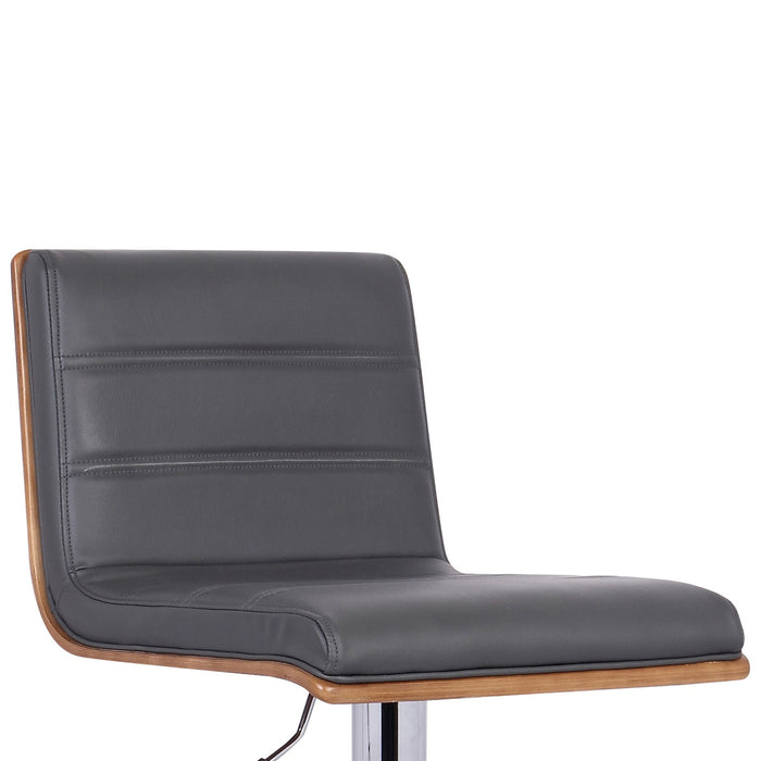 Aubrey Adjustable Height Swivel Gray Faux Leather and Chrome Bar Stool with Walnut Wood