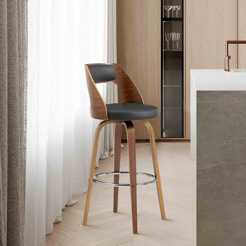 Axel 26" Swivel Counter Stool in Gray Faux Leather and Walnut Wood - Furniture City (CA)l