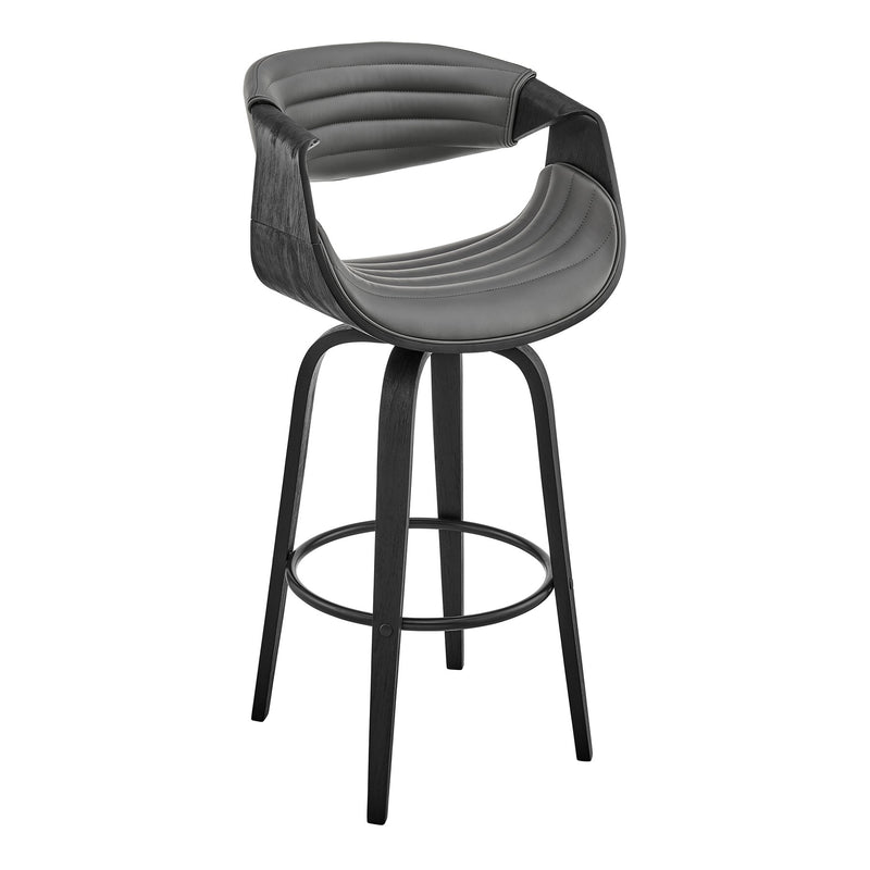 Arya 30" Swivel Bar Stool in Gray Faux Leather and Black Wood - Furniture City (CA)l