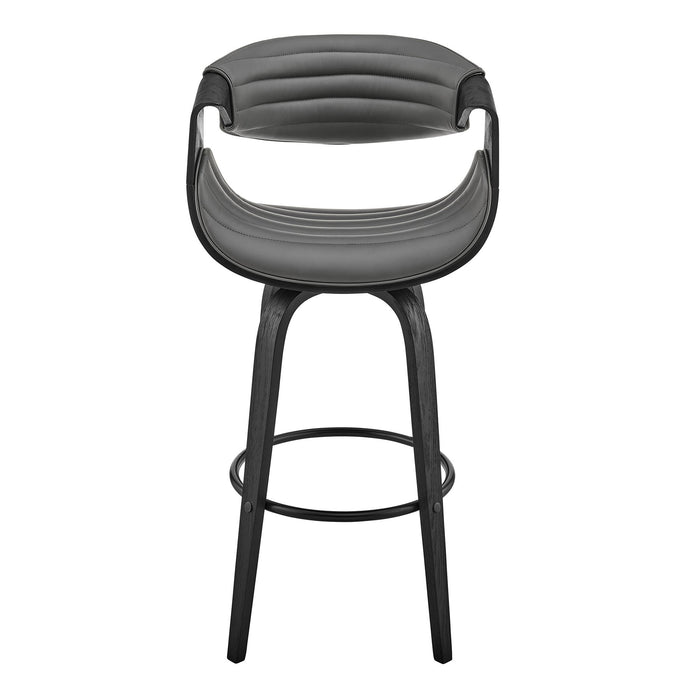 Arya 30" Swivel Bar Stool in Gray Faux Leather and Black Wood