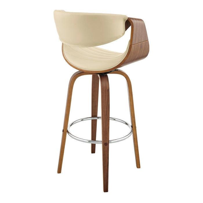 Arya 30" Swivel Bar Stool in Cream Faux Leather and Walnut Wood