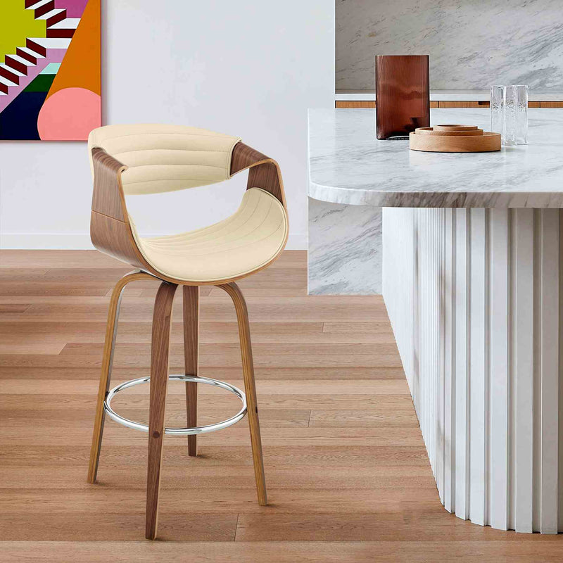 Arya 30" Swivel Bar Stool in Cream Faux Leather and Walnut Wood - Furniture City (CA)l