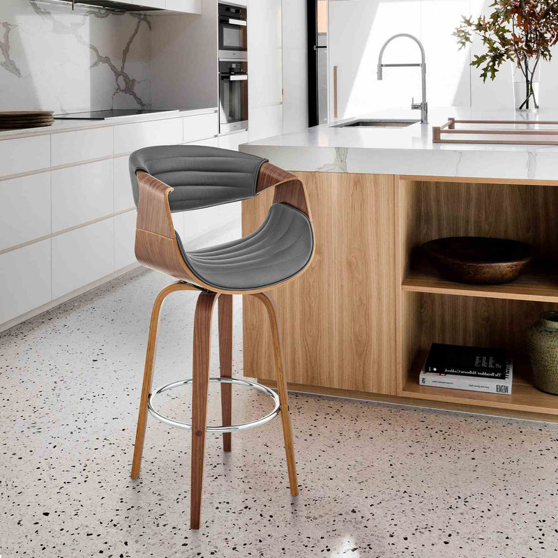 Arya 30" Swivel Bar Stool in Gray Faux Leather and Walnut Wood - Furniture City (CA)l