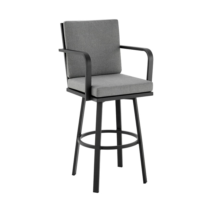 Arnauld 26" Outdoor Patio Swivel Counter Stool in Black Aluminum with Gray Cushions