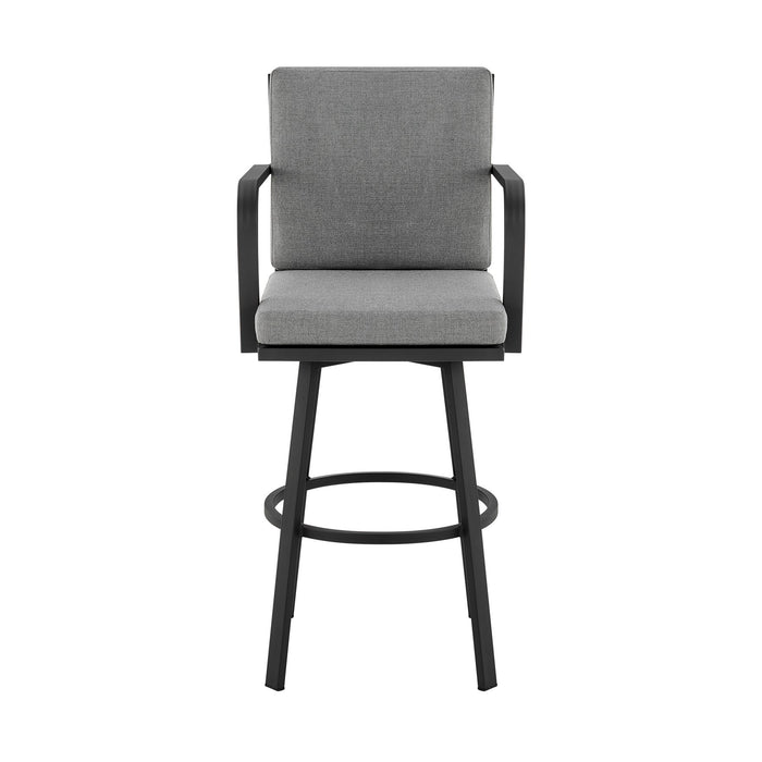 Arnauld 26" Outdoor Patio Swivel Counter Stool in Black Aluminum with Gray Cushions