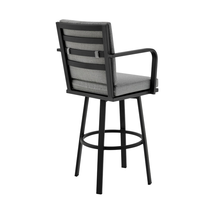 Arnauld 26" Outdoor Patio Swivel Counter Stool in Black Aluminum with Gray Cushions