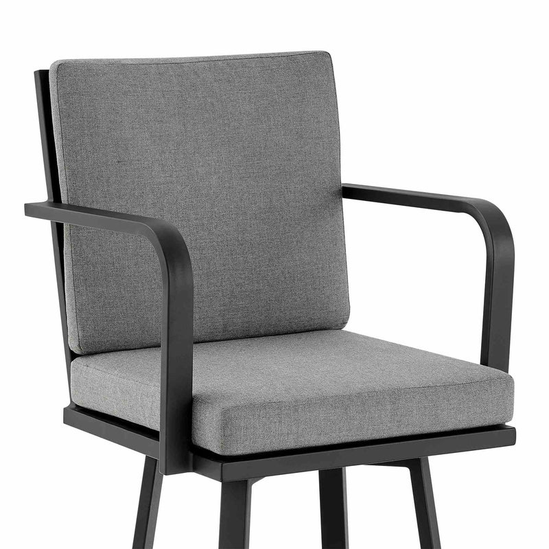 Arnauld 26" Outdoor Patio Swivel Counter Stool in Black Aluminum with Gray Cushions - Furniture City (CA)l