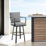Arnauld 26" Outdoor Patio Swivel Counter Stool in Black Aluminum with Gray Cushions - Furniture City (CA)l
