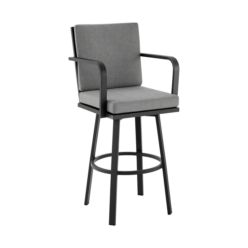 Arnauld 30" Outdoor Patio Swivel Bar Stool in Black Aluminum with Gray Cushions - Furniture City (CA)l