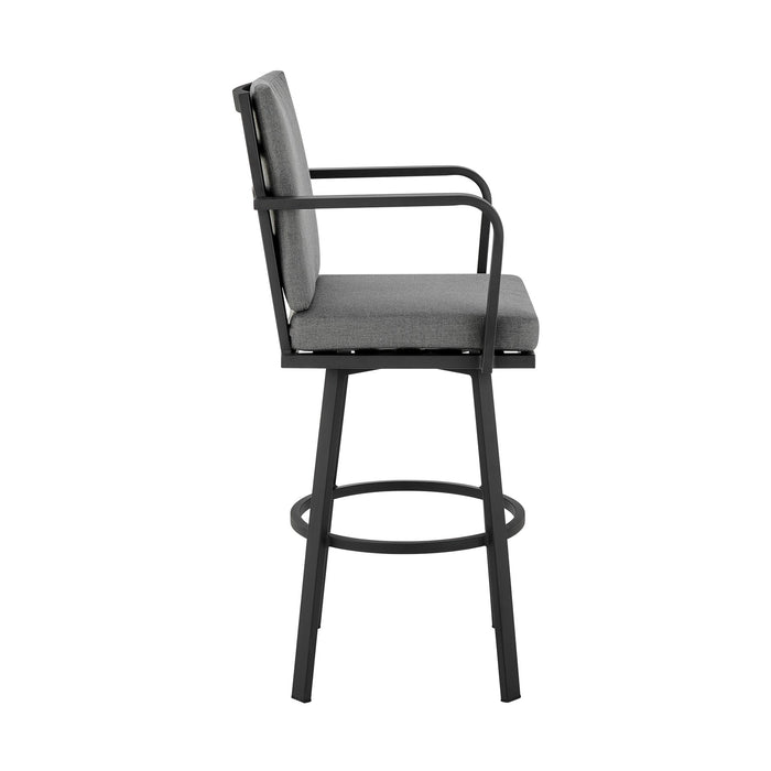Arnauld 30" Outdoor Patio Swivel Bar Stool in Black Aluminum with Gray Cushions