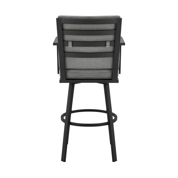 Arnauld 30" Outdoor Patio Swivel Bar Stool in Black Aluminum with Gray Cushions