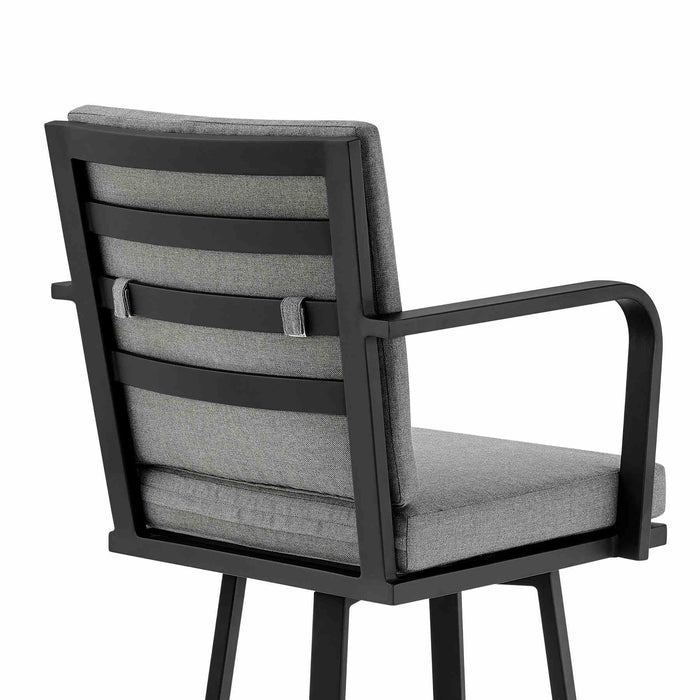 Arnauld 30" Outdoor Patio Swivel Bar Stool in Black Aluminum with Gray Cushions