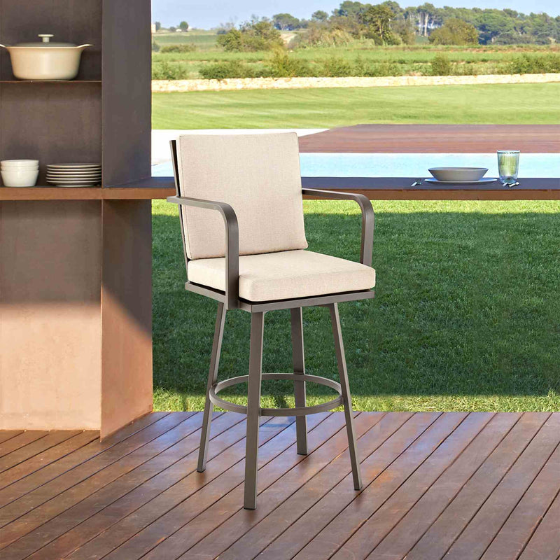 Arnauld 26" Outdoor Patio Swivel Counter Stool in Brown Aluminum with Cushions - Furniture City (CA)l