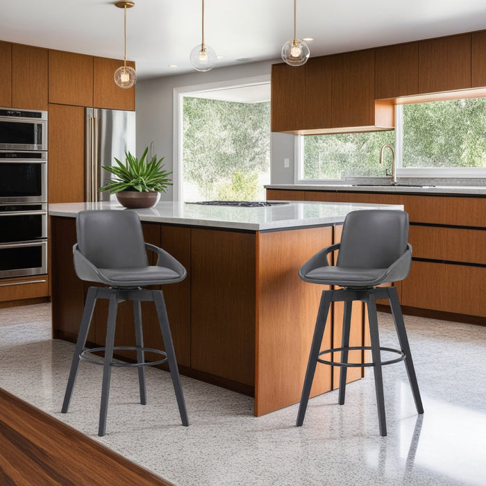 Baylor 26" Gray Faux Leather and Black Wood Swivel Bar Stool