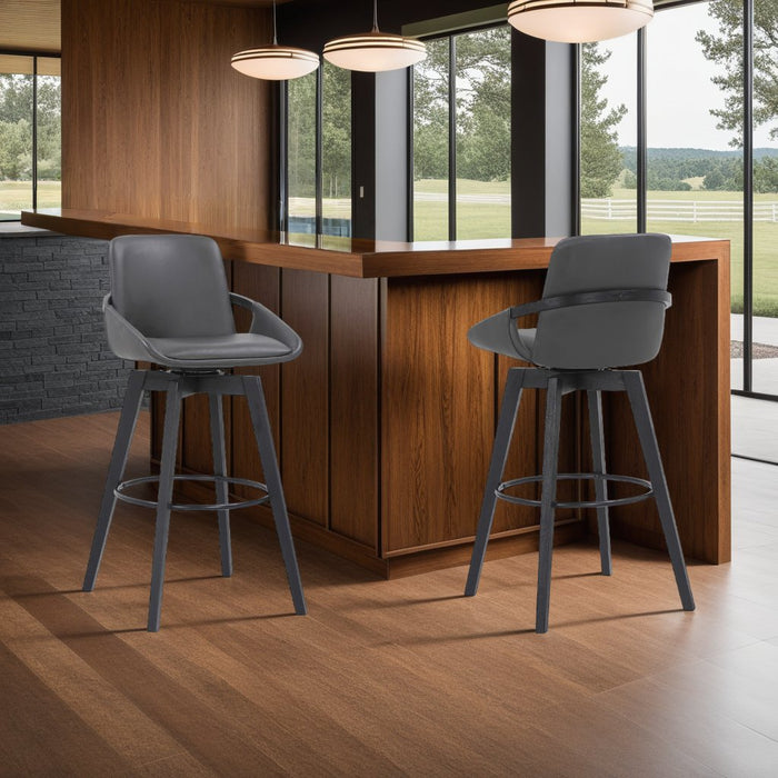 Baylor 30" Gray Faux Leather and Black Wood Swivel Bar Stool