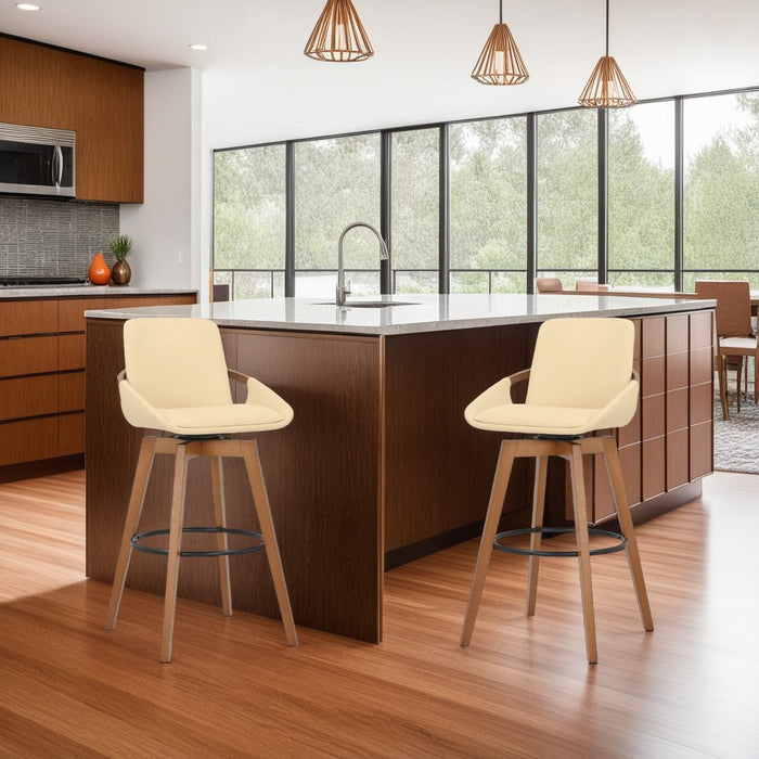 Baylor 26" Cream Faux Leather and Walnut Wood Swivel Bar Stool