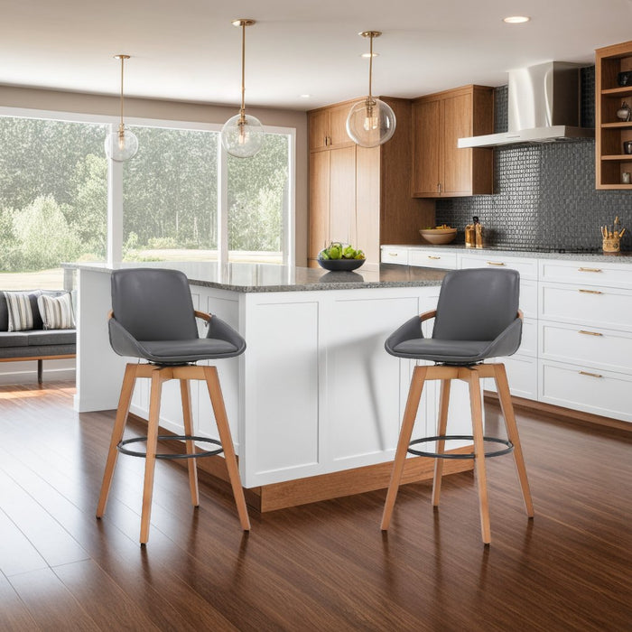 Baylor 26" Gray Faux Leather and Walnut Wood Swivel Bar Stool