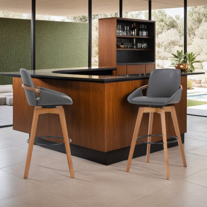 Baylor 30" Gray Faux Leather and Walnut Wood Swivel Bar Stool