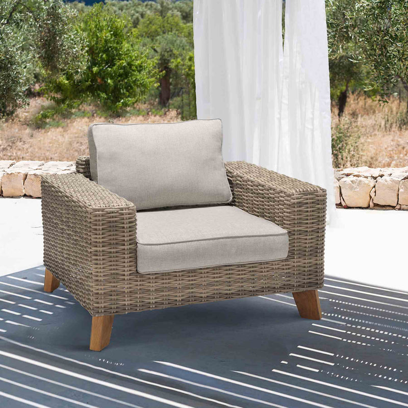 Bahamas Outdoor Wicker & Teak Wood Lounge Chair with Beige Olefin - Furniture City (CA)l
