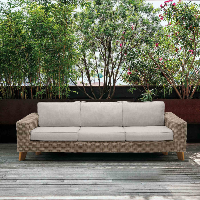 Bahamas Outdoor Wicker & Teak Wood Sofa with Beige Olefin