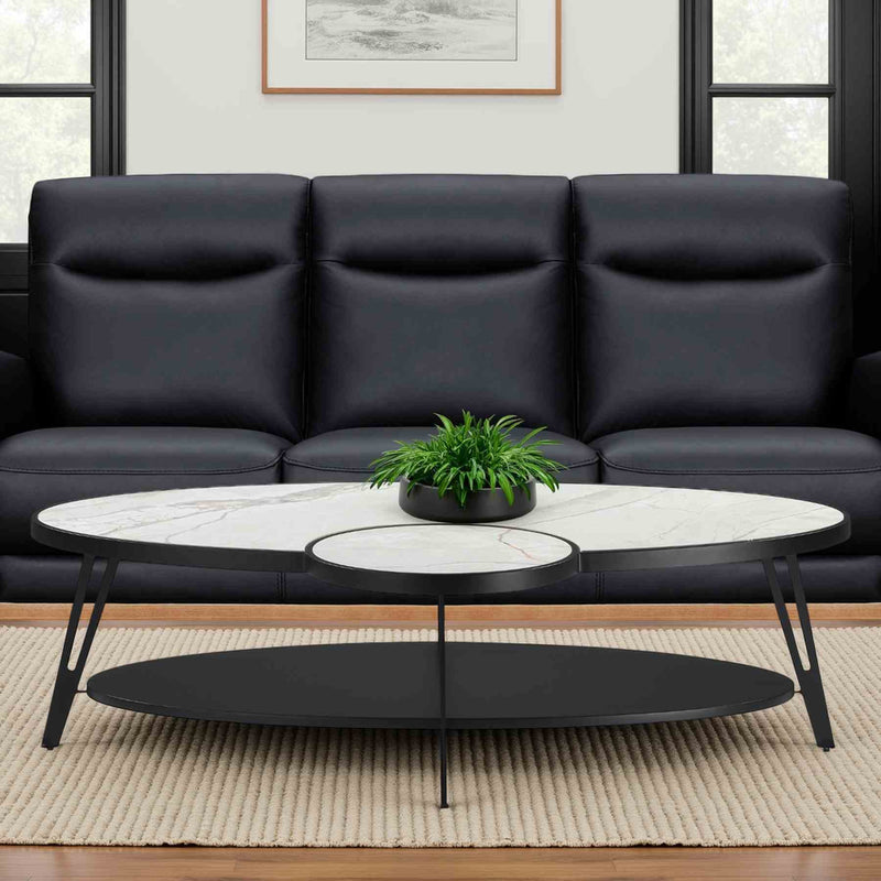 Banks Contemporary Modern 53 in. Oval White Coffee Table with Sintered Stone Top - Furniture City (CA)l