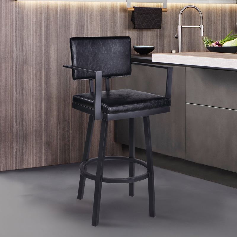 Balboa 26" Counter Height Swivel Vintage Black Faux Leather and Metal Bar Stool with Arms - Furniture City (CA)l
