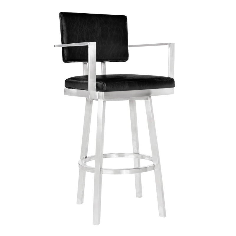 Balboa 26" Counter Height Barstool with Arms in Brushed Stainless Steel and Vintage Black Faux Leather - Furniture City (CA)l