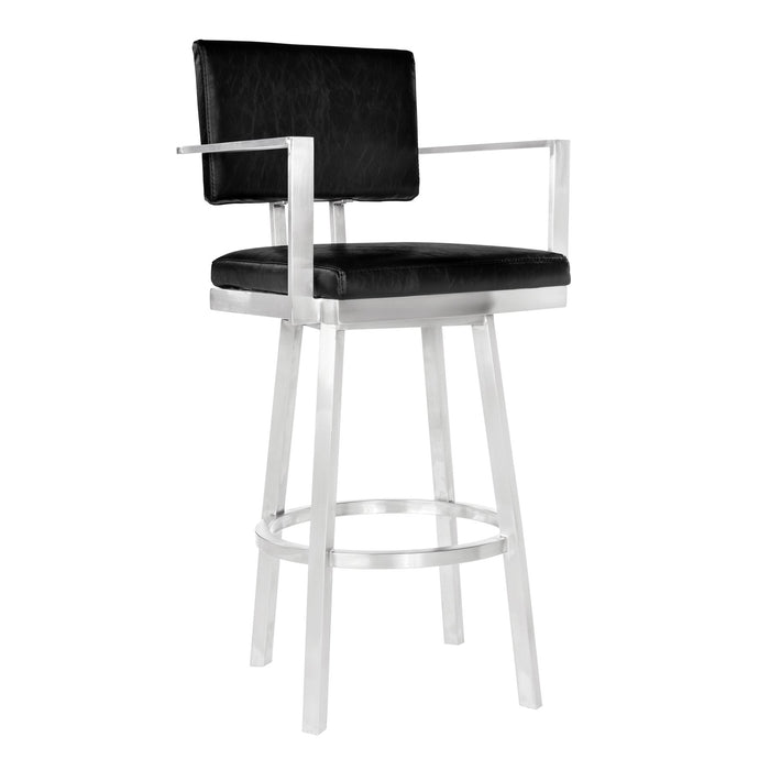 Balboa 26" Counter Height Barstool with Arms in Brushed Stainless Steel and Vintage Black Faux Leather