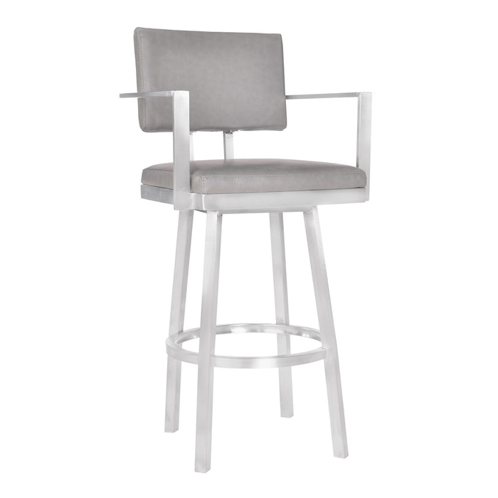 Balboa 26" Counter Height Barstool with Arms in Brushed Stainless Steel and Vintage Gray Faux Leather