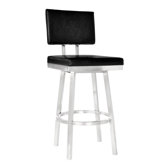 Balboa 30" Bar Height Barstool in Brushed Stainless Steel and Vintage Black Faux Leather