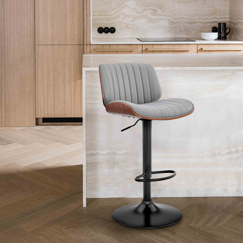 Brock Adjustable Gray Faux Leather and Walnut Wood with Black Finish Bar Stool - Furniture City (CA)l