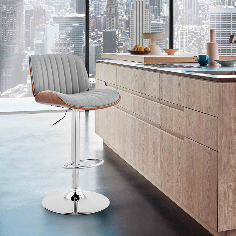 Brock Adjustable Gray Faux Leather and Walnut Wood with Chrome Finish Bar Stool - Furniture City (CA)l
