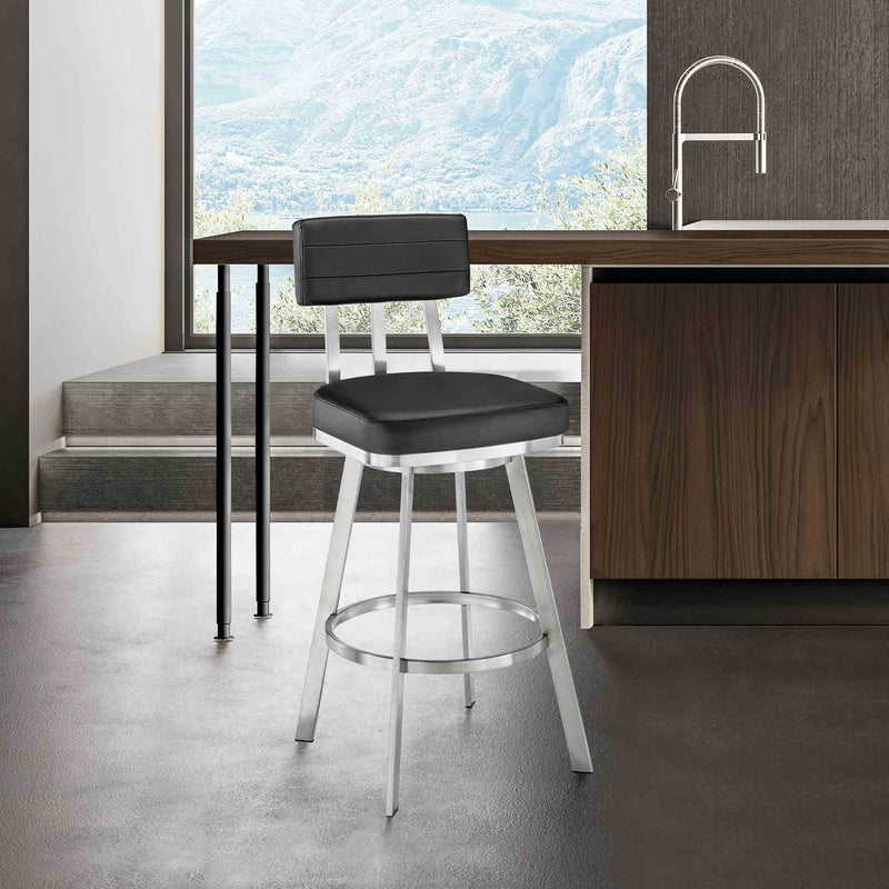 Benjamin 30" Swivel Bar Stool in Brushed Stainless Steel with Black Faux Leather - Furniture City (CA)l