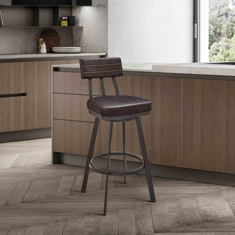 Benjamin Swivel Bar Stool in Brown Metal with Brown Faux Leather - Furniture City (CA)l
