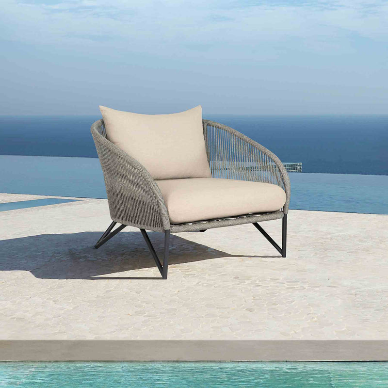 Benicia Outdoor Patio Chair in Black Steel with Gray Rope and Taupe Olefin Cushions - Furniture City (CA)l