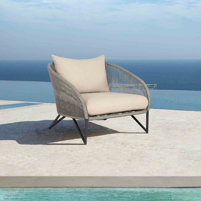 Benicia Outdoor Patio Chair in Black Steel with Gray Rope and Taupe Olefin Cushions