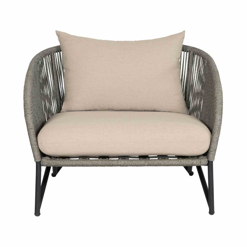 Benicia Outdoor Patio Chair in Black Steel with Gray Rope and Taupe Olefin Cushions - Furniture City (CA)l