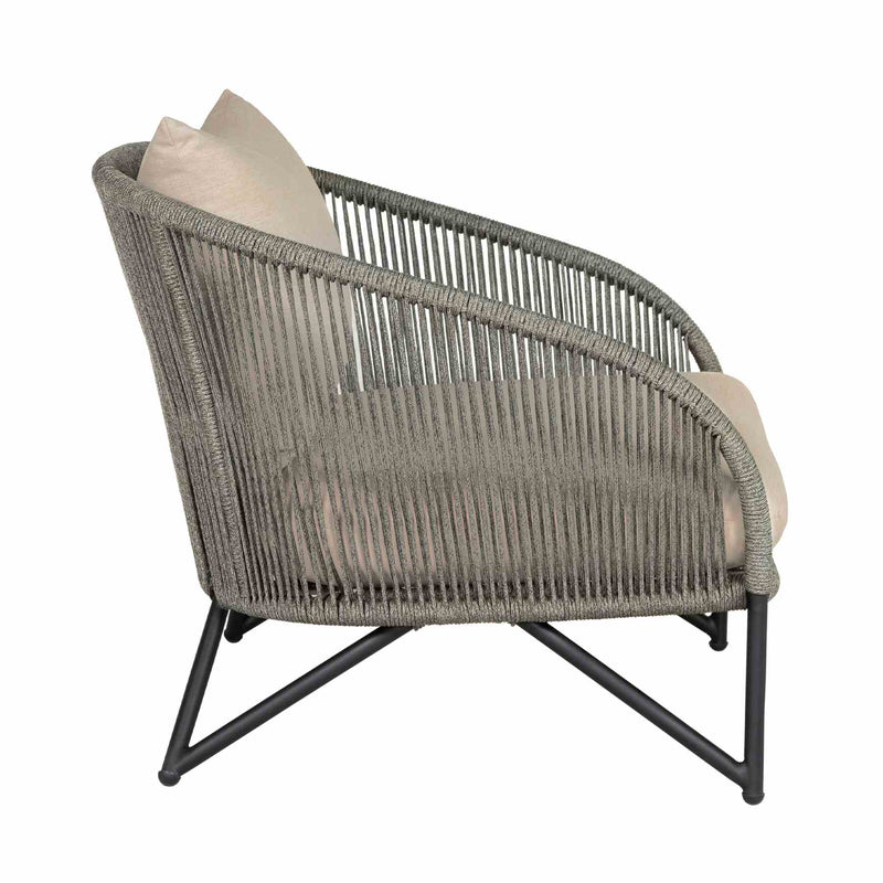 Benicia Outdoor Patio Chair in Black Steel with Gray Rope and Taupe Olefin Cushions - Furniture City (CA)l