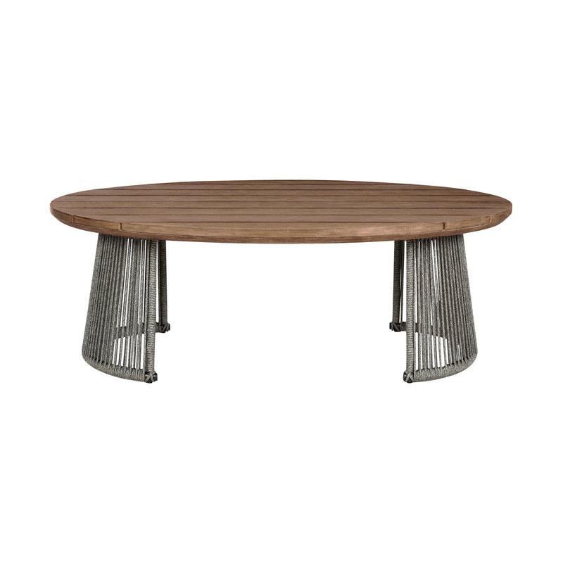 Benicia Outdoor Patio Oval Coffee Table in Weathered Eucalyptus Wood and Gray Rope - Furniture City (CA)l