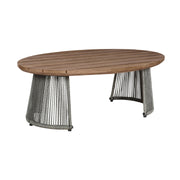 Benicia Outdoor Patio Oval Coffee Table in Weathered Eucalyptus Wood and Gray Rope - Furniture City (CA)l