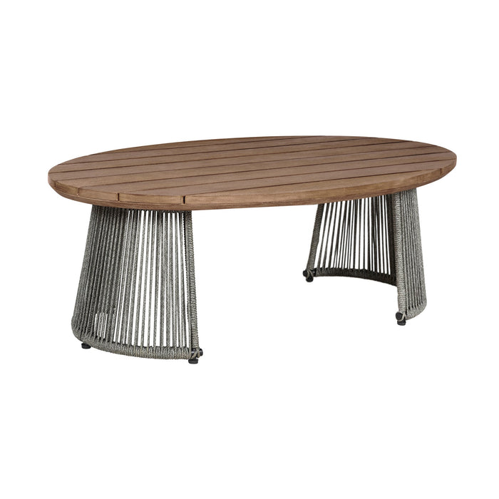 Benicia Outdoor Patio Oval Coffee Table in Weathered Eucalyptus Wood and Gray Rope