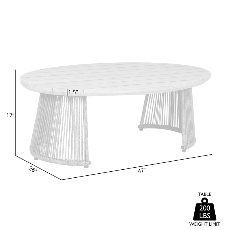 Benicia Outdoor Patio Oval Coffee Table in Weathered Eucalyptus Wood and Gray Rope - Furniture City (CA)l