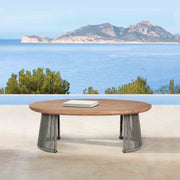Benicia Outdoor Patio Oval Coffee Table in Weathered Eucalyptus Wood and Gray Rope - Furniture City (CA)l