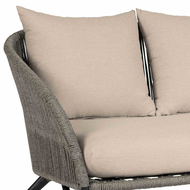Benicia Outdoor Patio Sofa in Black Steel with Gray Rope and Taupe Olefin Cushions - Furniture City (CA)l
