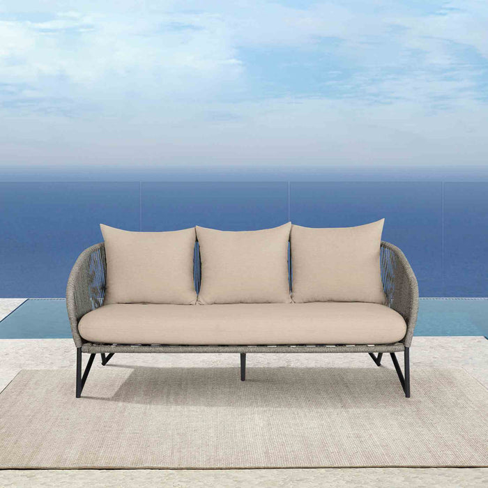 Benicia Outdoor Patio Sofa in Black Steel with Gray Rope and Taupe Olefin Cushions