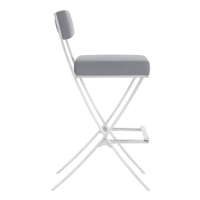 Bethany Contemporary 28" Counter Height Barstool in Brushed Stainless Steel and Gray Faux Leather