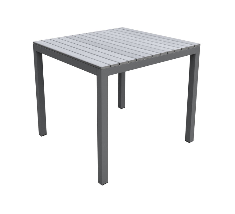 Bistro Outdoor Patio Dining Table in Gray Powder Coated Finish with Gray Wood Top