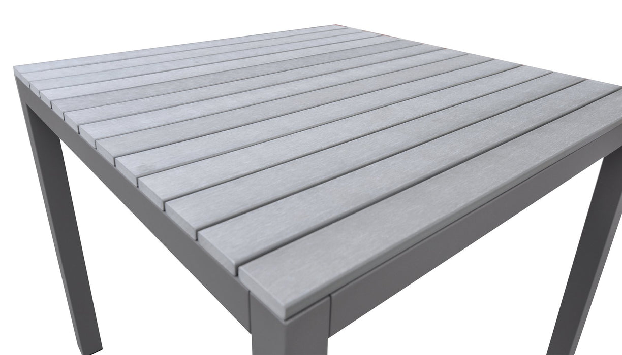 Bistro Outdoor Patio Dining Table in Gray Powder Coated Finish with Gray Wood Top