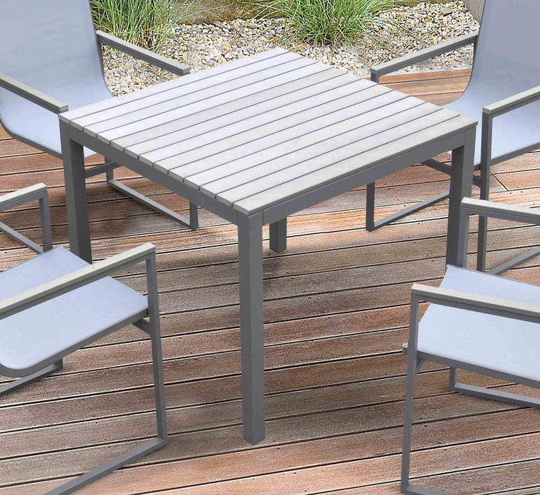 Bistro Outdoor Patio Dining Table in Gray Powder Coated Finish with Gray Wood Top